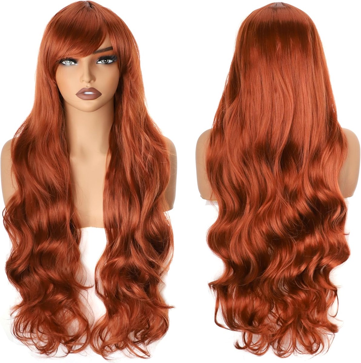 SnelShoppen - 32" Maroon Lange Golvende Krullende Haarwieg met Pony voor Vrouwen, Hittebestendige Synthetische Peruc