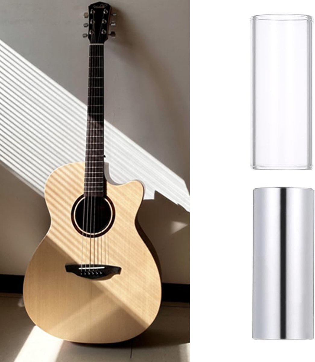 SnelShoppen - 2 stuks gitaar slide set, glas en roestvrijstalen slide in doos, voor elektrische gitaar, basgitaar, medium snaren, muziekaccessoires