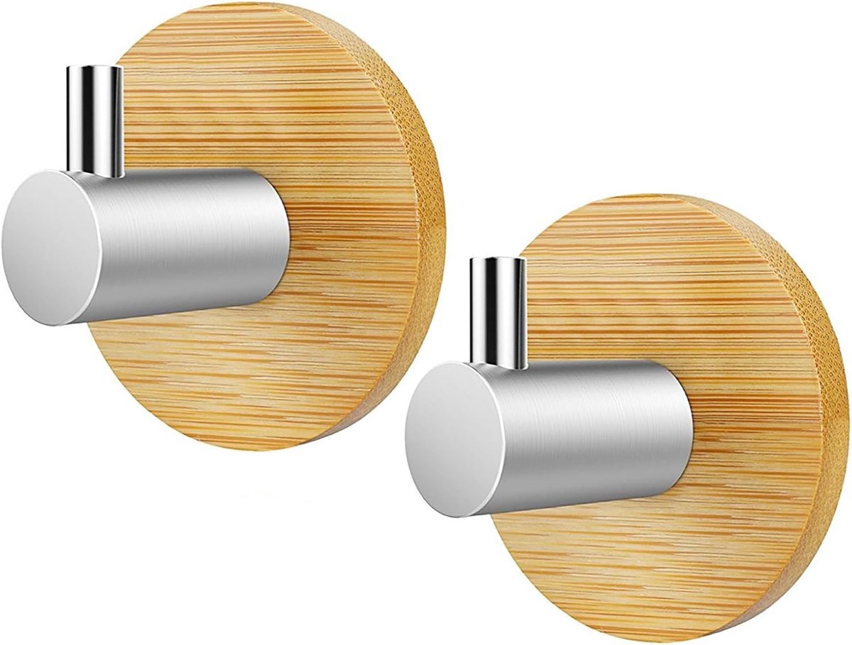 Handdoekhaakjes 2 stuks - Rvs en bamboe - Zelfklevend - Perfect voor badkamer en keuken - ShopVlot