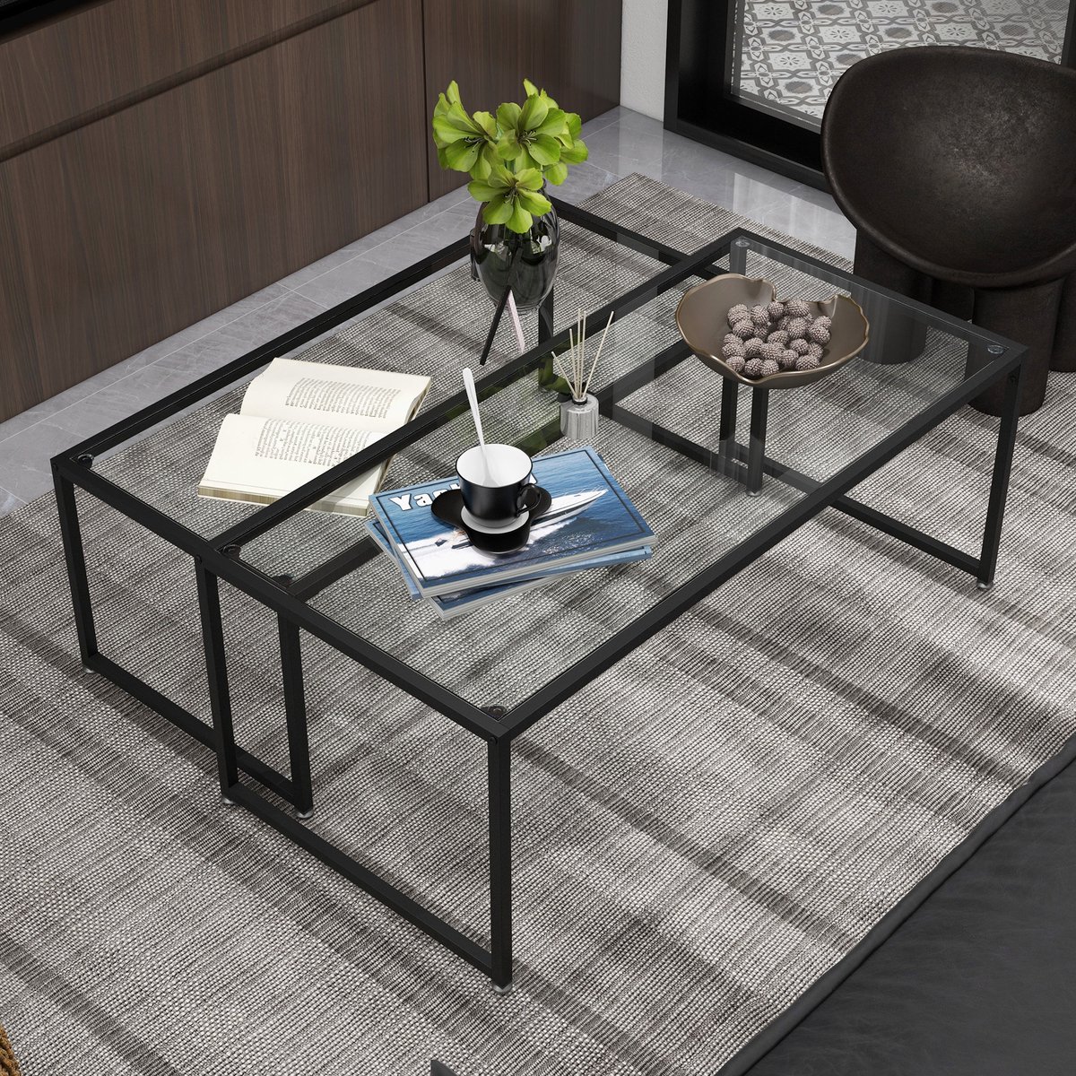 COVREO Salontafel 119x56 cm zwart, staal en glas set van 2 stapelbaar