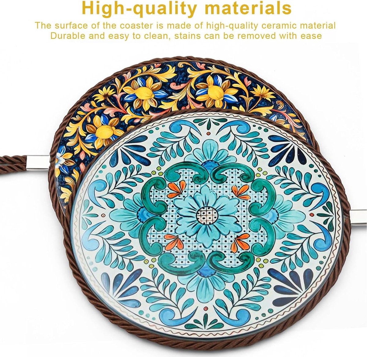 SnelShoppen - Set van 4 Kork Onderzetters met Keramisch Oppervlak, Diameter 17 cm, Pot Houder Set, Exquise Uiterlijk, Warmte Isolatie en Brandbescherm