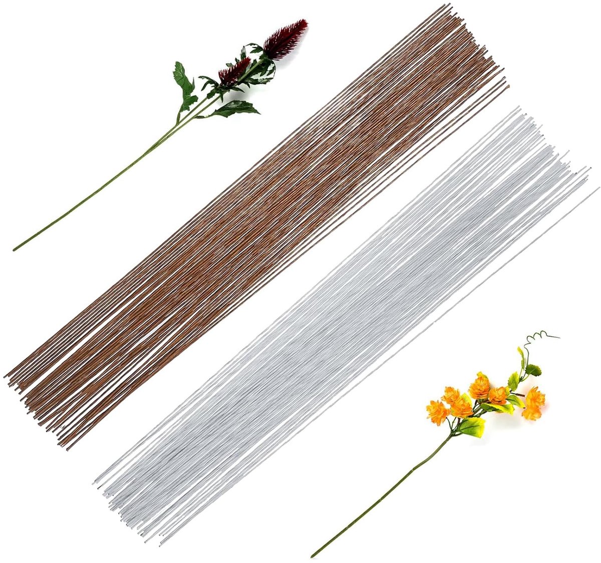 SnelShoppen - Pack van 100 Bloemistdraad 40 cm 0.5 mm Witte en Bruine Bloemdraad voor Creatief Werk, Dunne Bloemdraad met Papieren Omhulsel voor Kunst