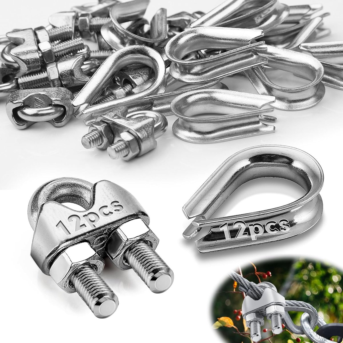 Mbsomnus 24 pieces cable clips, 4 mm, set of 12 cable clamps M4 and 12 pieces wire rope stockings, 4 mm, stainless - ShopVlot