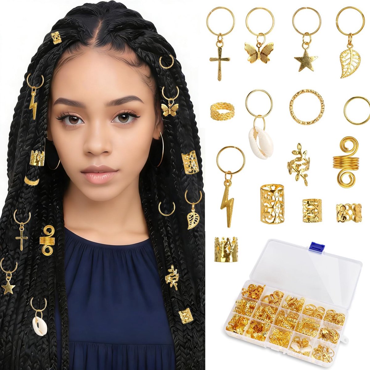 SnelShoppen - 244-delige Haar Sieraden Set voor Vlechten, Elegante Haar Parels en Decoraties, Gouden Dreadlocks Haar Ringen voor Vrouwen en Mannen, DI
