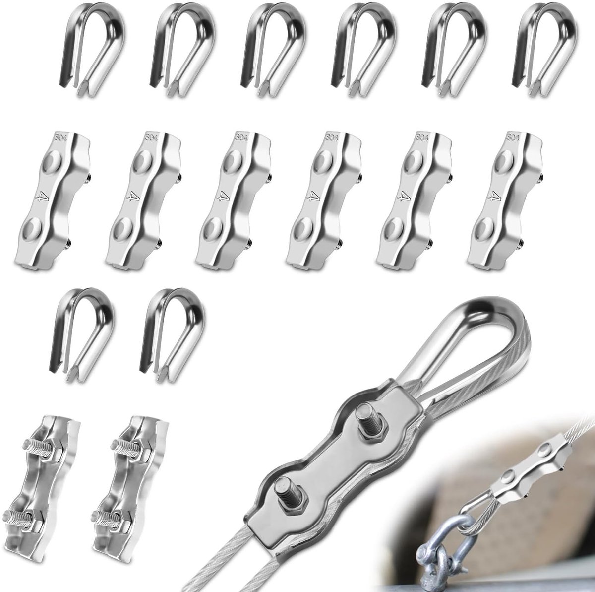 Mbsomnus 16pcs Cable Clips M4 Set with 8 Pcs Cable Clips 4mm & 8pcs Wire Rope Stockings 4mm Stainless Steel 304 Duplex - ShopVlot