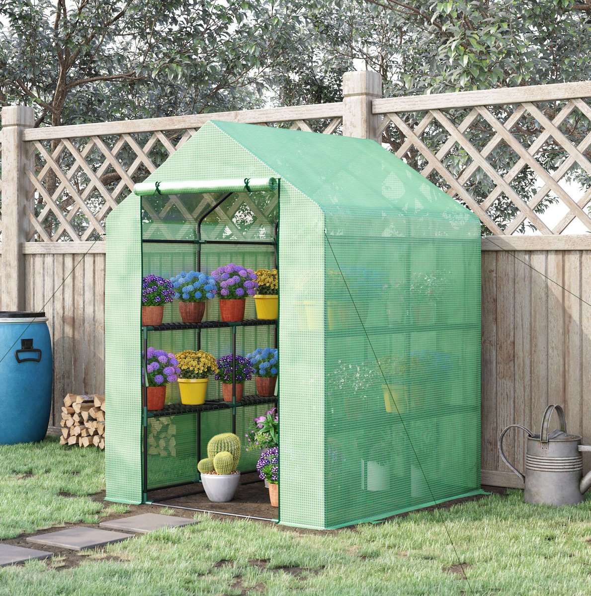 COVREO Foliekas 143x138x190 cm groen, staal en PE met 8 plantenrekken