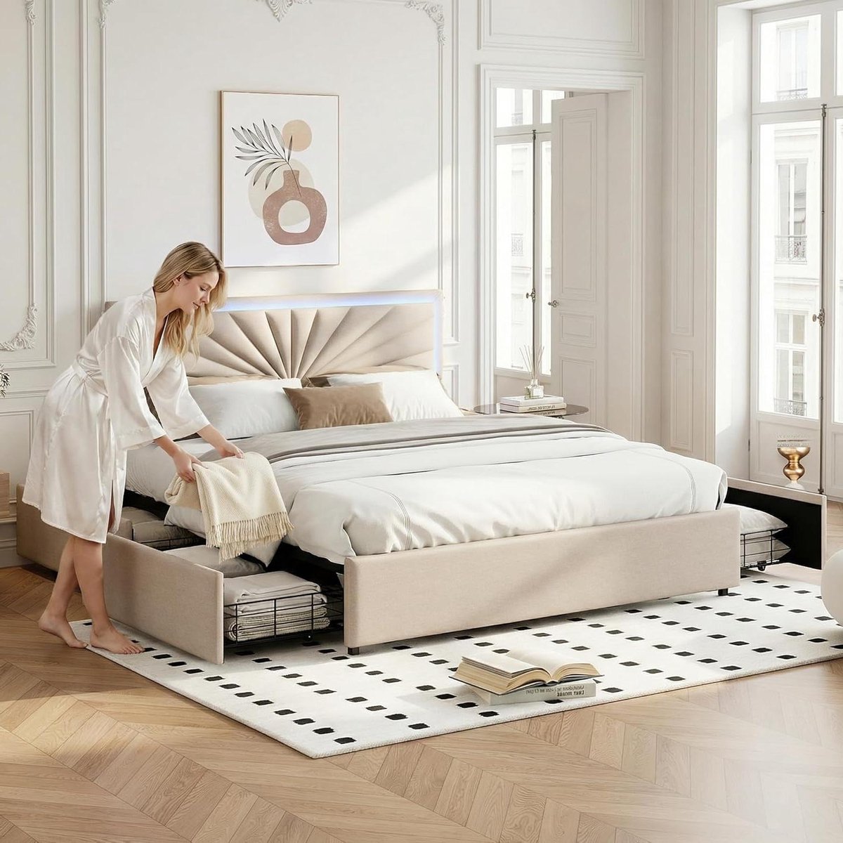 Gestoffeerd Tweepersoonsbed - Linnen Bedframe - Slaapkamer Organisatie - Met Geïntegreerde LED's - 140 x 200 cm - Beige