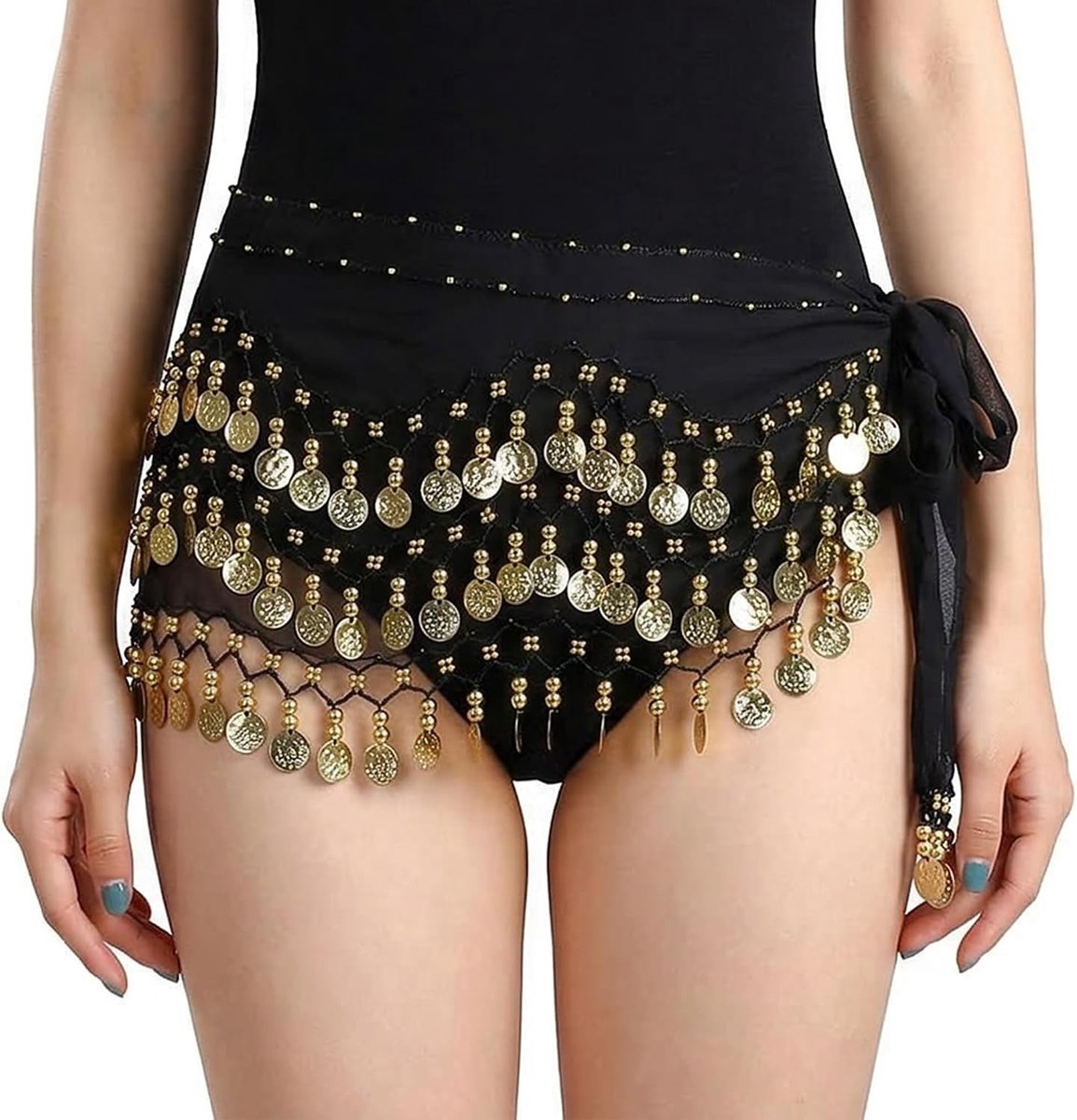 Belly Dance Heup Sjaal met 98 Metalen Munten voor Oosterse Dans en Kostuumaccessoires - Zwart, Chiffon, Dansperformances