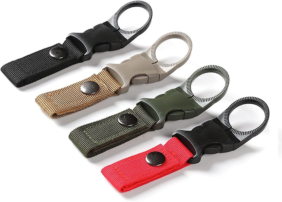 4 stuks waterfles gesp flessenhouder clips tactische sleutelhanger multifunctioneel outdoor riem karabijnhaak waterfleshouder voor kamperen, wandelen, vissen (Vier kleuren)