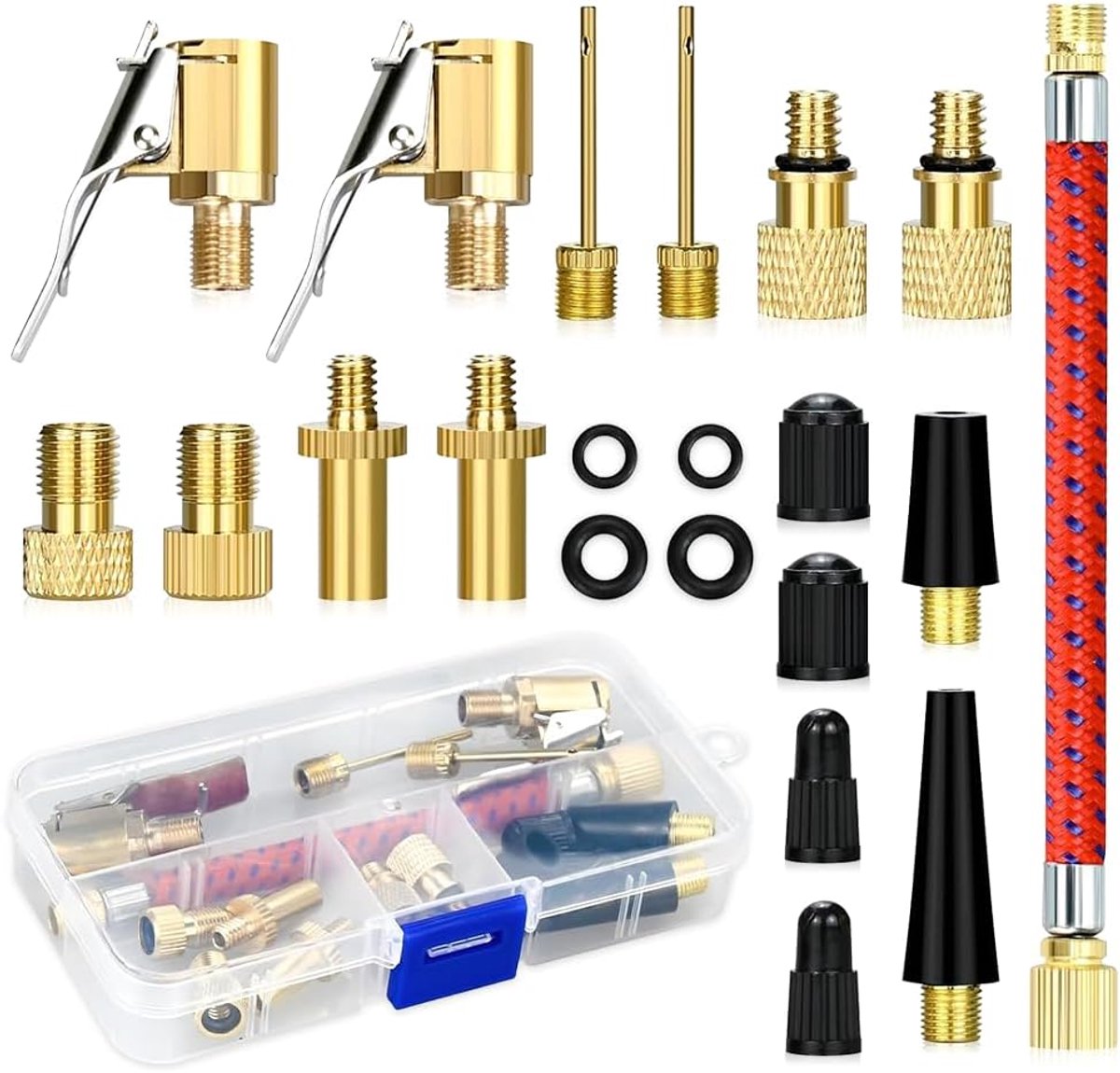 Fietsventieladapterset, 21 stuks autoventieladapters, ventieladapter fiets reparatieset, fiets, balnaald, kegelventiel en luchtpomp adapter met sorteerdoos