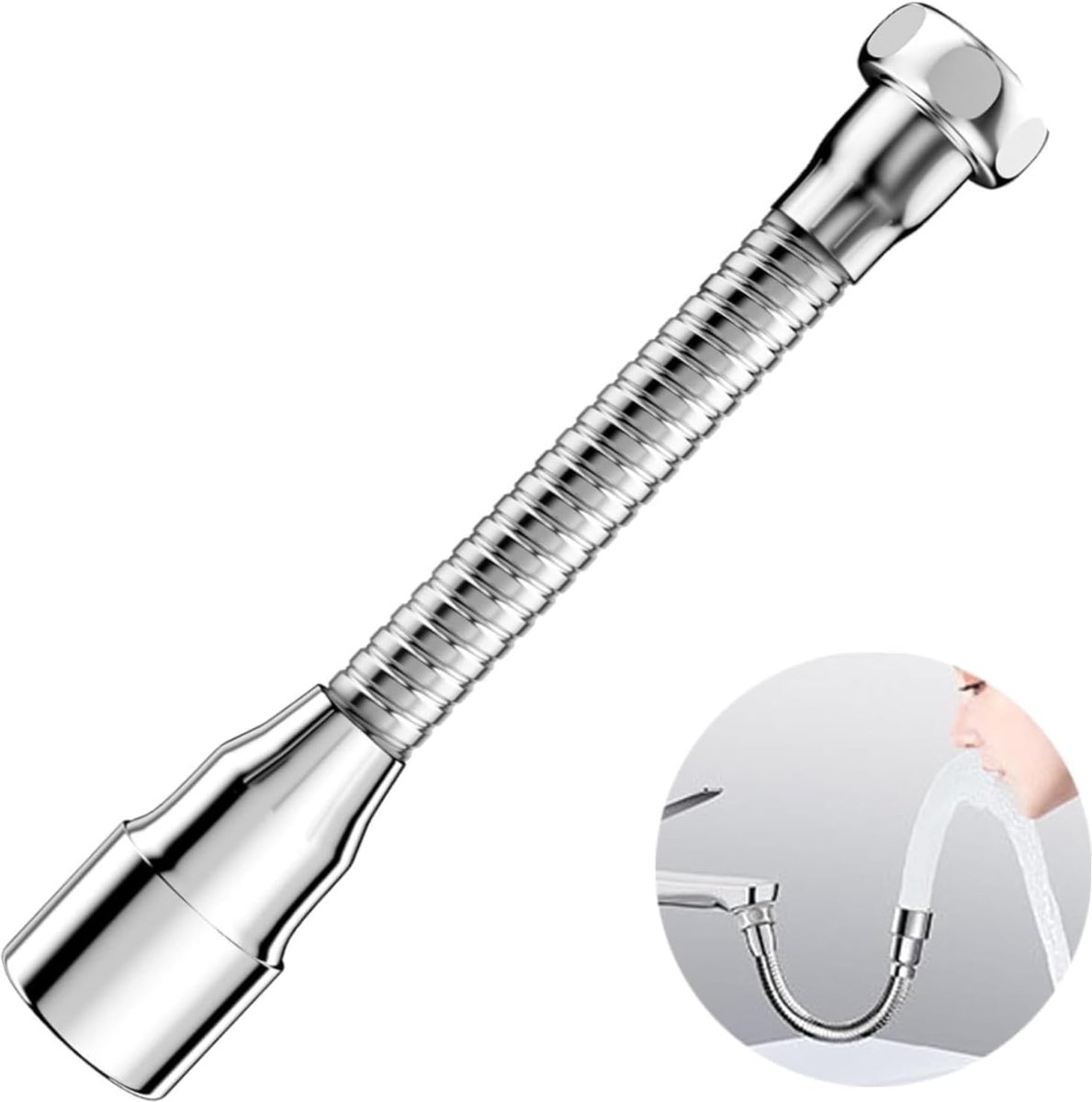 Kraanverlenger met 360° rotatie, keukenkraanverlenging, voor efficiënte waterbesparing, gootsteenkraanverlenger, roestvrij staal en messing, inclusief adapter, 20 cm, eenvoudige installatie