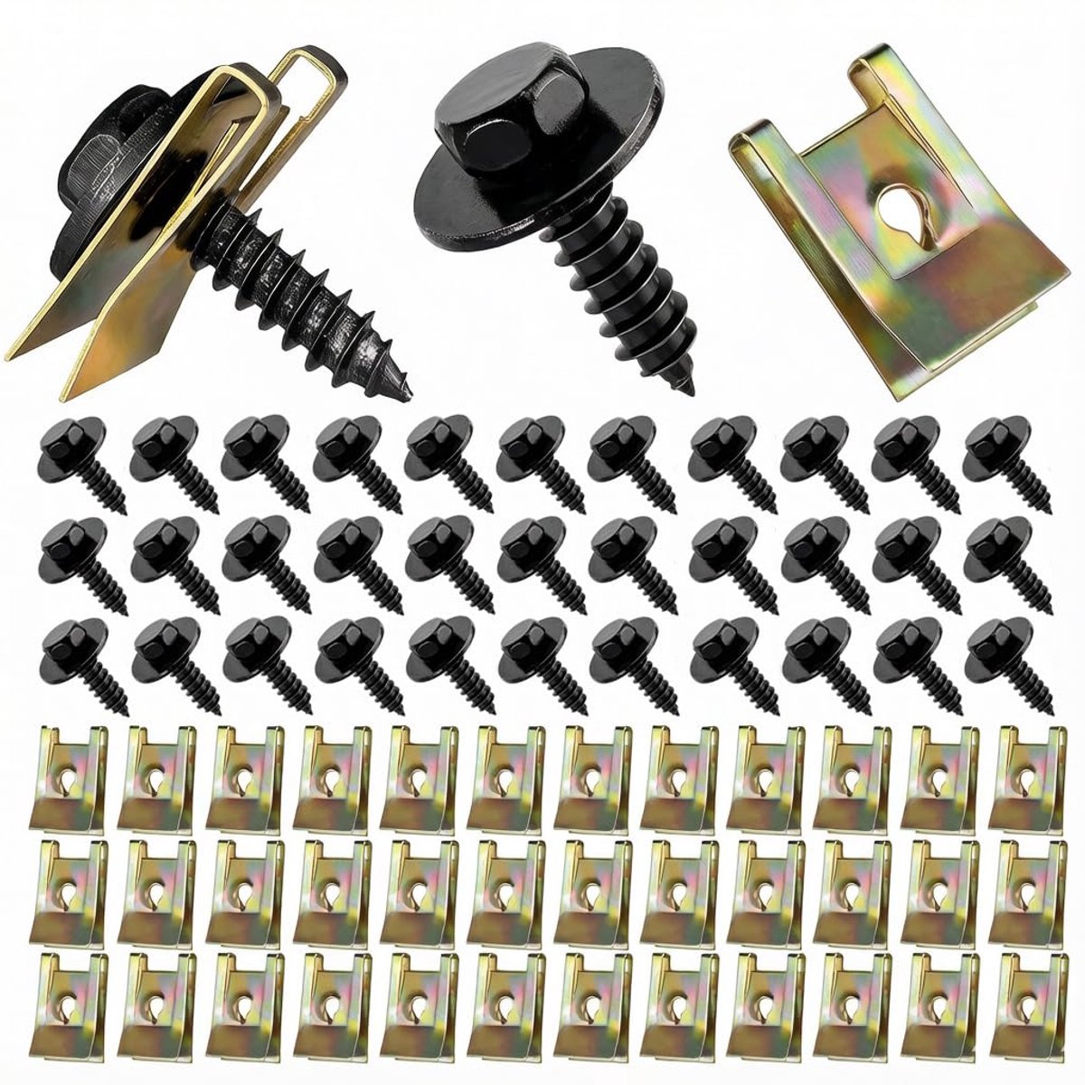 100 stuks carrosserieschroeven, moer-clipkit, 50 sets plaatschroeven, plaatmoeren, U-type carrosserieschroeven, plaatmoeren, plaatmoeren, bevestigingsclips voor auto