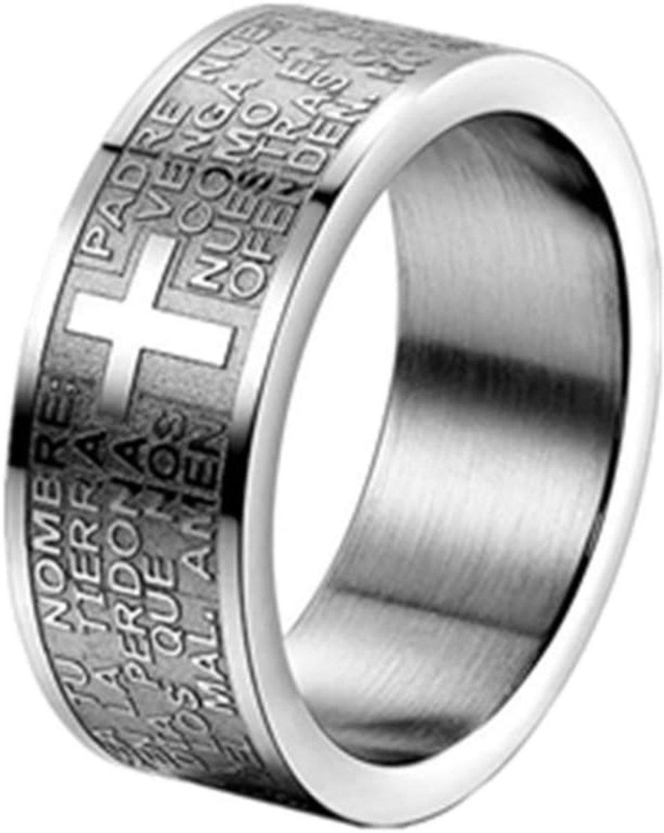 Schmuck Ring voor dames en heren, roestvrij staal, met kruis en bijbel-/gebedstekst