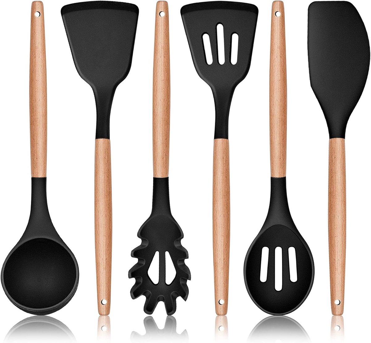 Set van 6 siliconen kookgerei, hittebestendig kookgerei, keukengerei, set met houten handvat, anti-aanbaklaag en gezond, gemakkelijk te reinigen, zwart