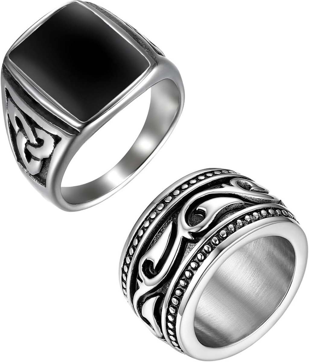 Ringen, roestvrij staal, herenring, zwart-zilver, maten 59-71
