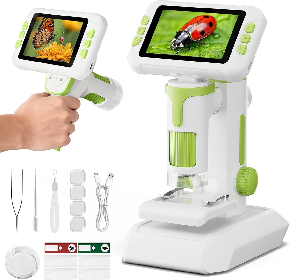 1600x microscoop voor kinderen, 4K 4,0 inch IPS-scherm, kindermicroscoop met foto- en video-opname, wetenschappelijke experimentenset voor jongens en meisjes van 3-14 jaar, groen