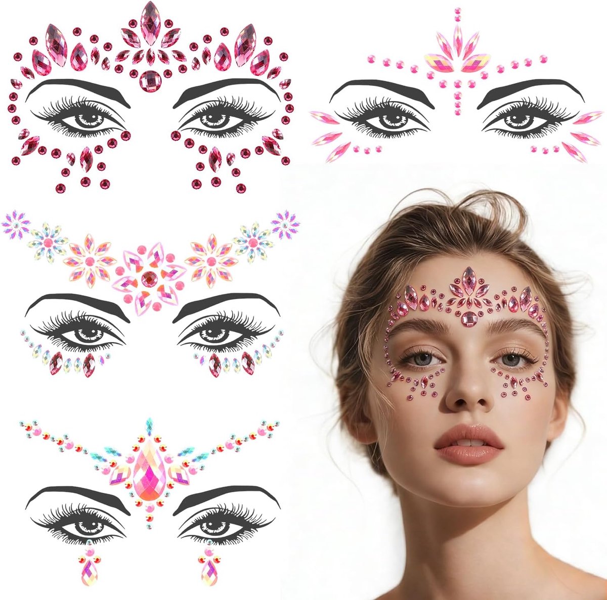 stenen gezicht festival edelstenen strass-steentjes sierstenen zelfklevende glitter gezichtssticker voor feest carnaval Halloween (kleur: roze)