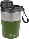 Olijfgroene thermosbeker met RVS accent, zwart deksel en lus.