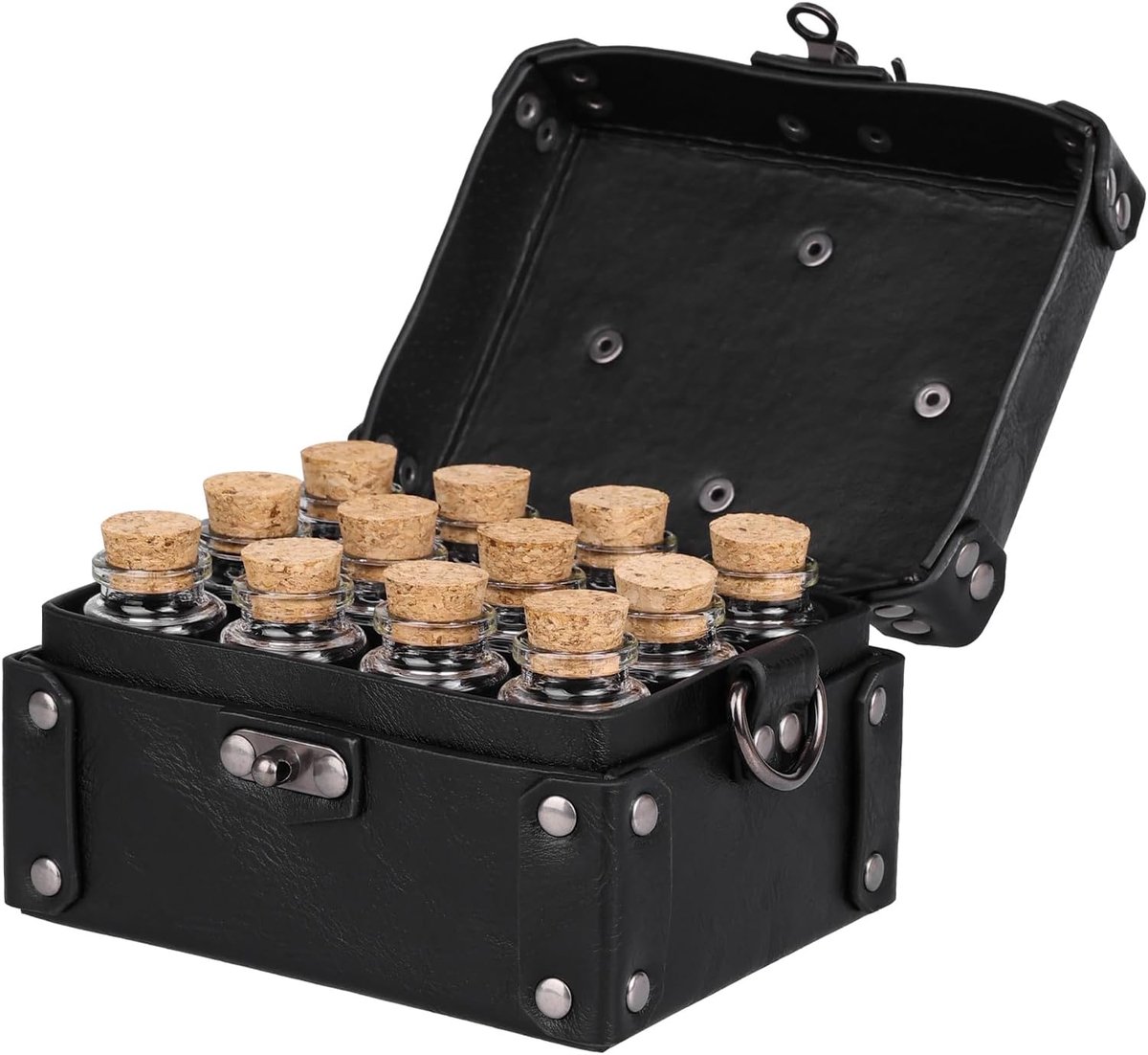 Middeleeuws Alchemie Kistje van Imitatieleer - 12 Kurken Drankflesjes, Fantasy Draagbare Schoudertas voor Sieraden & DnD Dobbelstenen, LARP & Cosplay Accessoire (Zwart A)