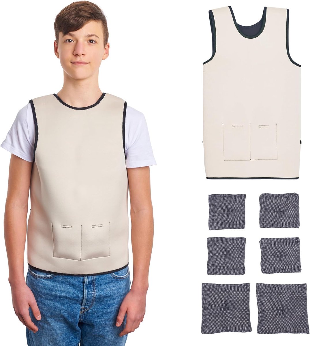 Gewichtsvest voor kinderen | Diepe Drukvesten | ADHD-hulpmiddelen voor kinderen | Autisme sensorische kleding | Verstelbaar verzwaringsvest | Gewogen compressievest (Beige, Large)