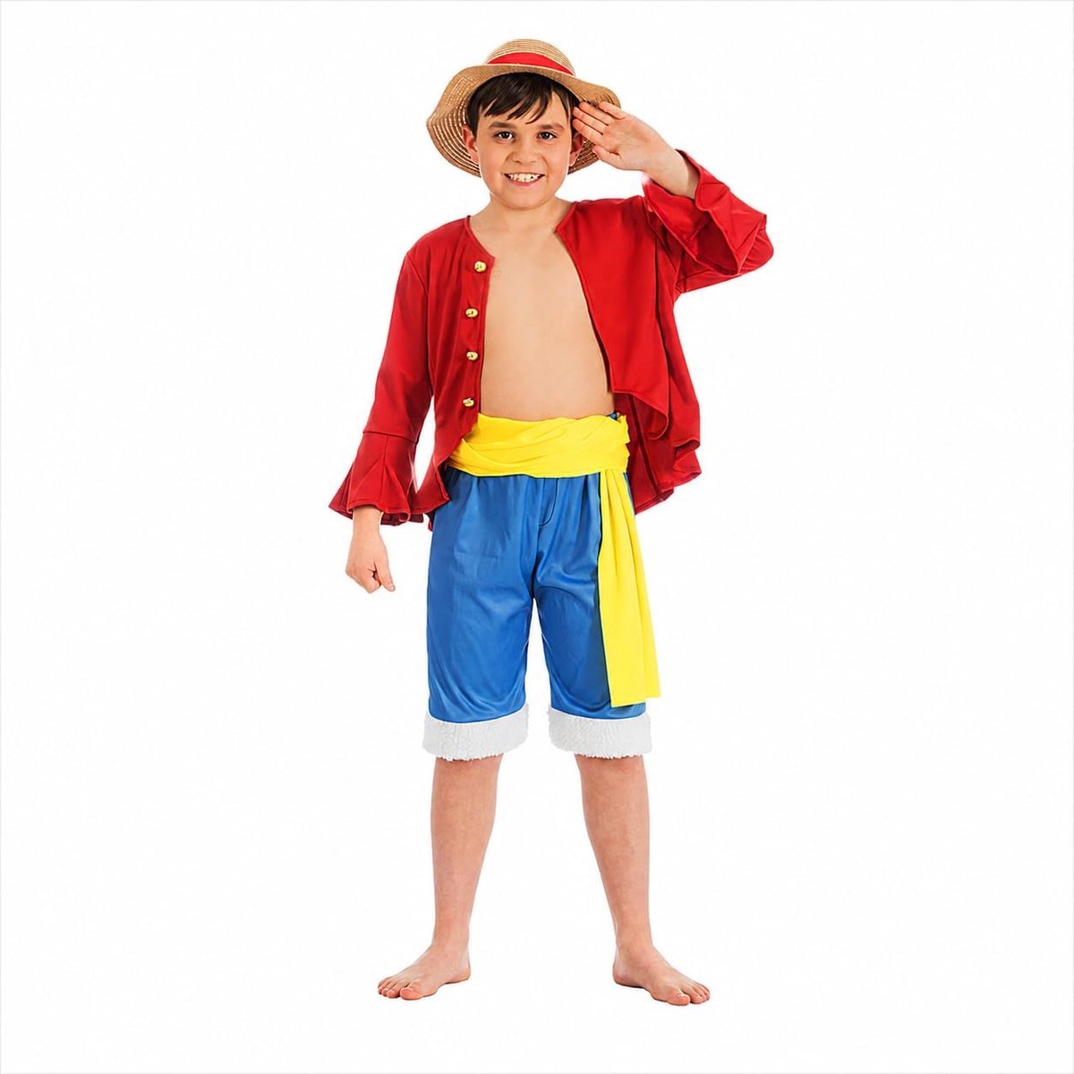 - Luffy-kostuum voor kinderen, cosplay-anime-outfit | Officiële One Piece-outfit, 4-delige set met jas, broek, riem en strohoed voor carnaval en Comic Con