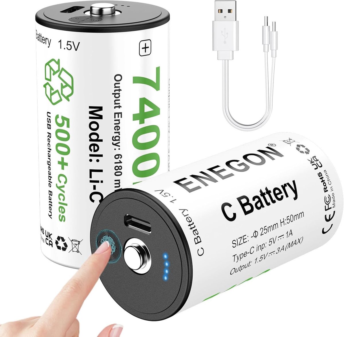Oplaadbare D Batterijen 1,5V 4 Stuks - 9250mWh Lithium LR20 met USB-C Opladen voor Kamperen, LED-Lampen en Noodverlichting, Duurzaam en Betrouwbaar