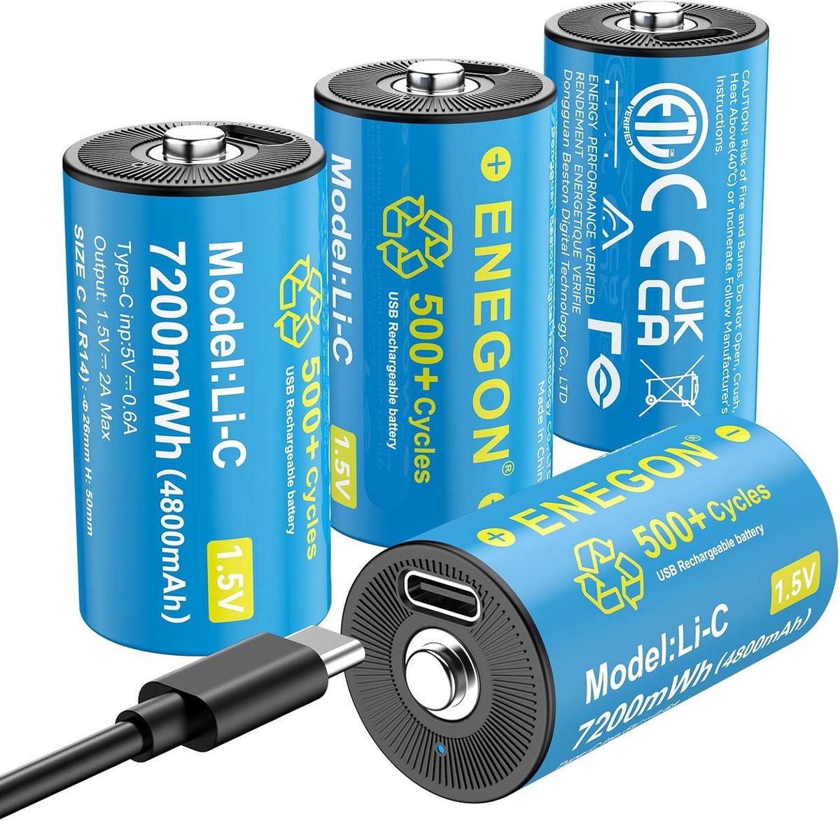 Set van 4 oplaadbare C/LR14 batterijen met USB-C snellaadkabel, 1,5 V, 7200 mWh, perfect voor cd-spelers, radio's, zaklampen en noodverlichting