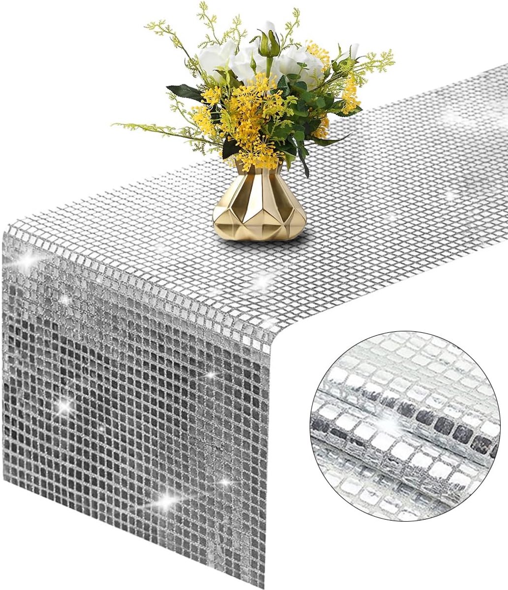 tafelloper, 30 x 275 cm, party, zilver, pailletten | tafelkleed voor retro jaren 70 en 80, discobal, verjaardag, dansfeest