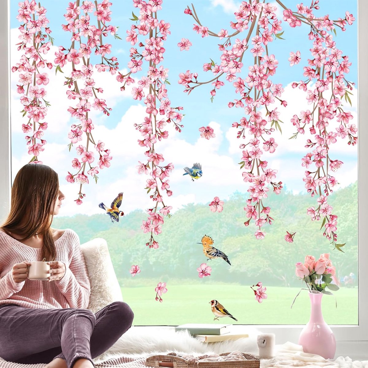 Raamstickers met kersenbloesem, bloemenranken, roze hangende boomtak met vogels, raamdecoratie, anti-botsing raam- en deurstickers