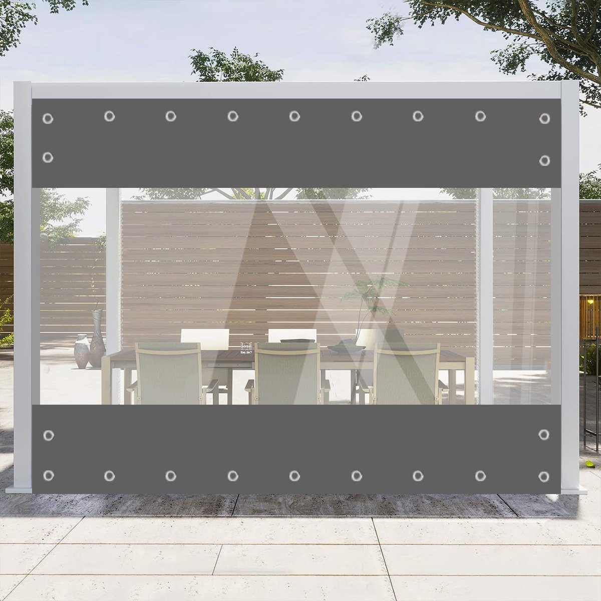 zeil met oogjes, waterdicht, 420 g/m², pvc-afdekzeil, geweven zeil, windbescherming, regenbescherming voor tuin, paviljoen, terrassen, balkon, grijs, hoogte 2,4 m x breedte 4,5 m