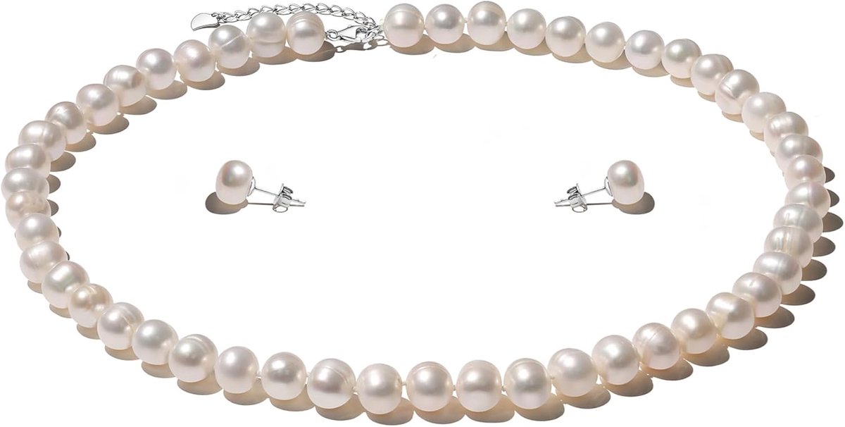 Parelketting set dames (halsketting + oorbellen), 7-9 mm zoetwaterparelketting, pareloorbellen zilver 925, parelsieraden zilver 925 set damessieraden voor elke gelegenheid