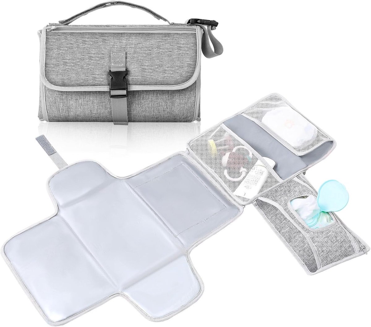 Aankleedmat, babyluiertas, compact aankleedkussen, afwasbaar, onderweg, waterdicht, opvouwbaar, afneembare luiermat en waterafstotende aankleedmat voor baby's, 0-9 m, grijs