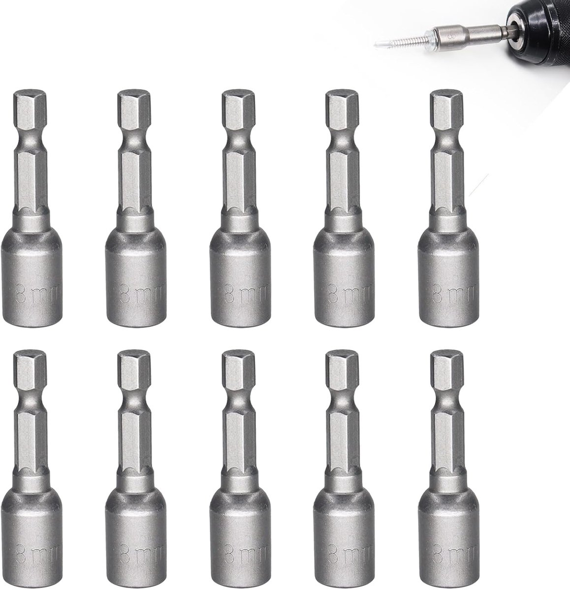 10-delige 8 mm magnetische doppenset, doppenset, 1/4 inch zeskantboor, zeskantbitadapter, metrische splinedoppenset, zeskantdop voor boormachine of accuschroevendraaieraccessoires voor