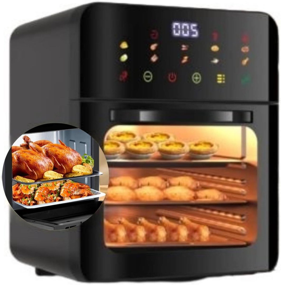 Airfryer met 3 Kookplaten - Mini Oven Heteluchtfriteuse - Gezond Koken - Intelligente Spraakbesturing - 25 Liter - Zwart