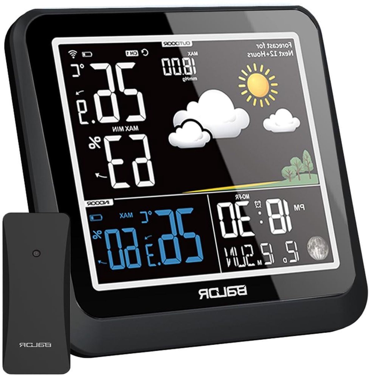 Draadloos Weerstation - Klimaatmeter Binnen Buiten - Weersvoorspelling Thuis - Groot Kleuren LCD - 3 Sensoren Ondersteund - Zwart