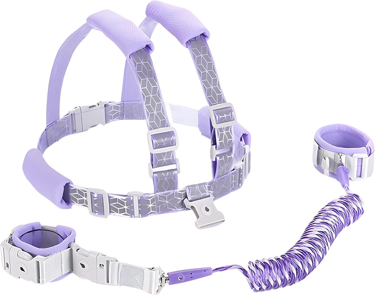 Anti-verlies riem, Xiuyer 2,5 m kinderen lijn harnas, kinderen-loopharnas, 2-in-1-set, veiligheids-polsmanchet met slot + rubberen riem, afneembare armband met veiligheidsslot (paars)