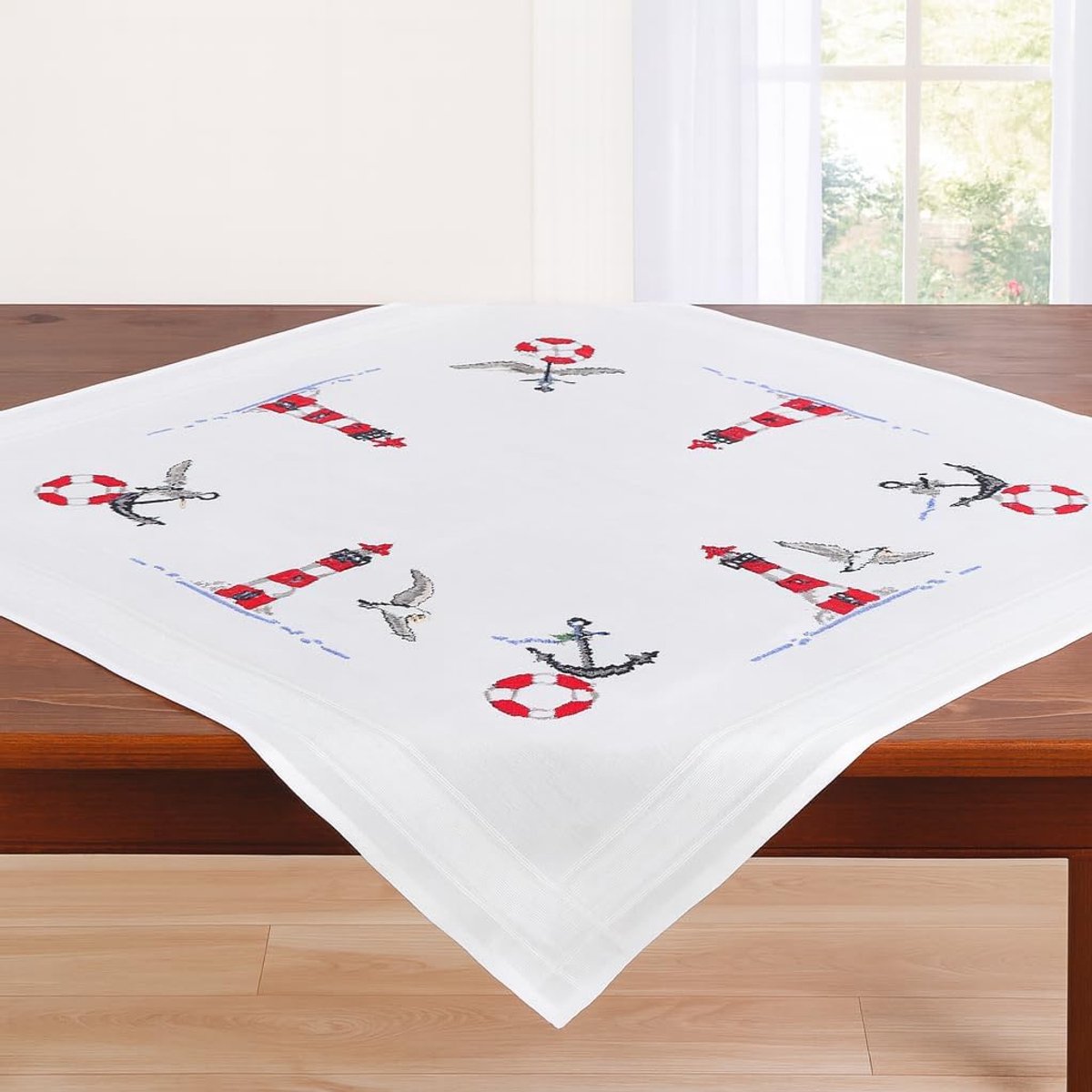 Borduurpakket tafelkleed kruissteek maritiem voorgedrukt borduurdeken incl. borduurgaren borduursjabloon en handleiding borduurset om zelf te borduren voor volwassenen (vuurtoren MD 80x80 cm)