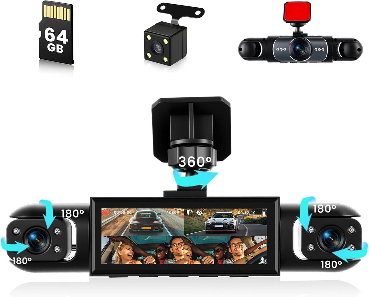 4 kanaals dashcam auto, 360 graden dash cam FHD 1080P voor en achter links en rechts, autocamera met 64GB SD-kaart, 3,16" display, nachtzicht, groothoek, loopopname