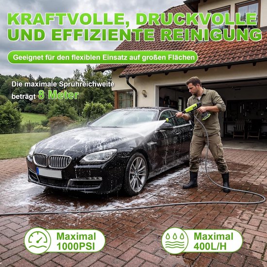 Draadloze Hogedrukreiniger - 1000 PSI - 2 Batterijen 4.0 Ah - 6-in-1 Sproeikop - Voor Auto en Tuin — afbeelding 5