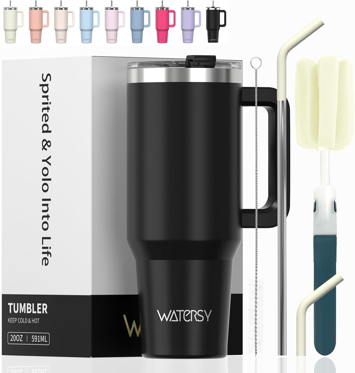 SnelShoppen - 590ml Thermosbeker met Handvat en Rietje - 20oz RVS Dubbelwandig Geïsoleerde Reisbeker met Lekvrije Deksel voor Warme en Koude Dranken -