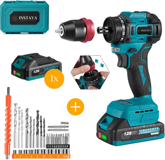 Turquoise en zwarte accuschroefboormachine met accessoires: extra accu, bitset en koffer.