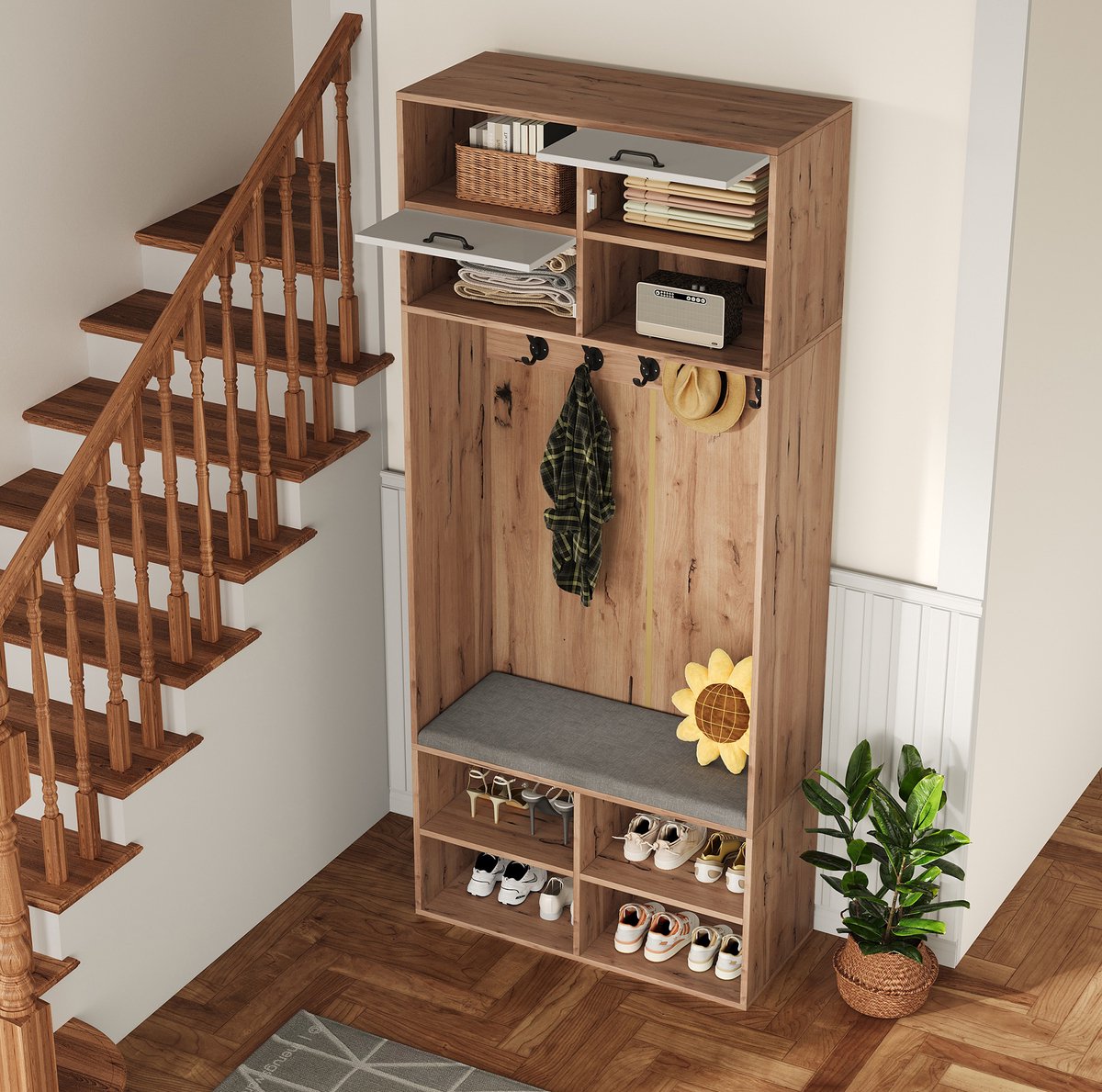 COVREO Halmeubel 80x35x185 cm wit en naturel, 5 haken en zitbank