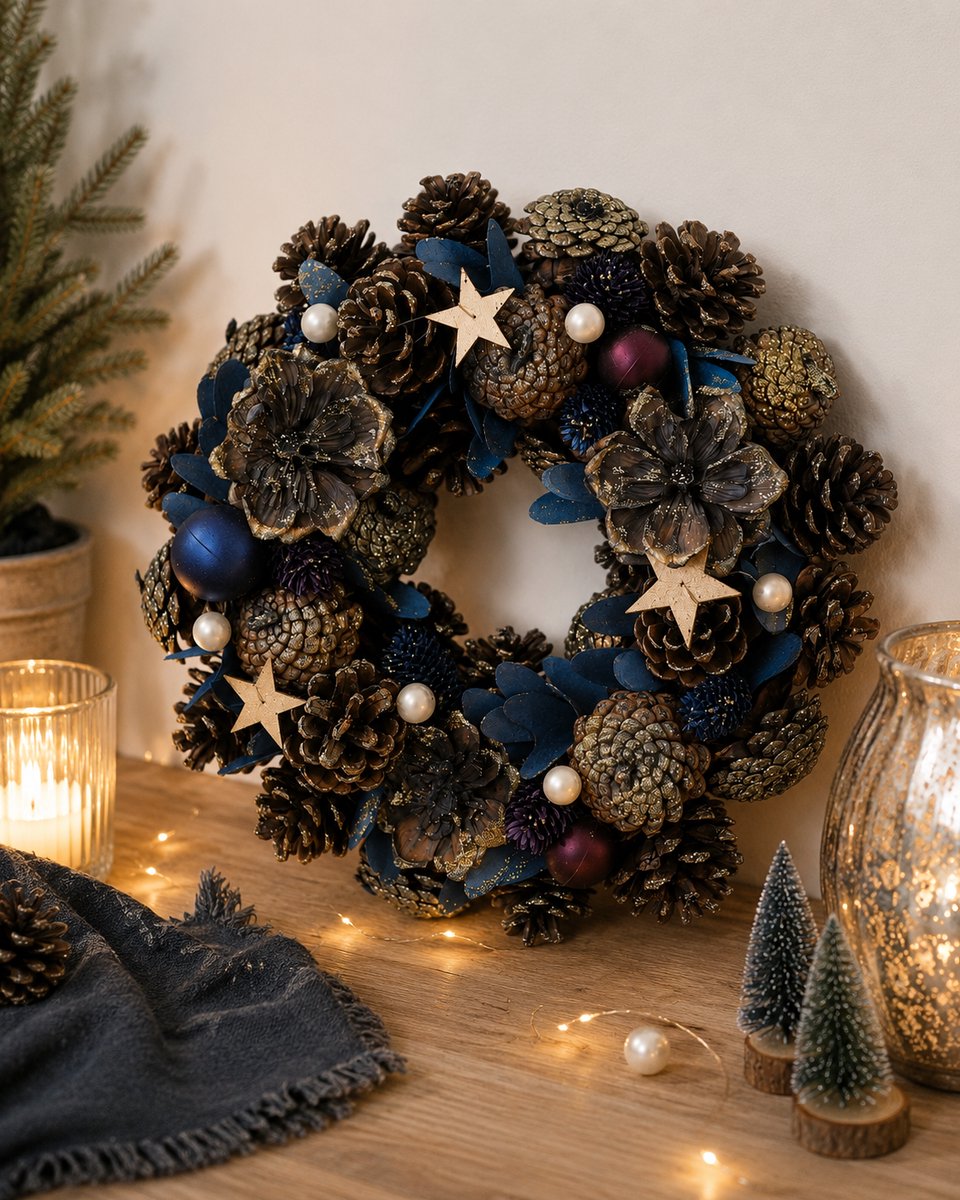 Landelijke Kerstkrans Ø 30 cm – Blauwe Deurkrans met Gouden Accenten en Dennenappels – Ronde Kerstdecoratie voor Binnen en Buiten – Blauw en Goud – foto 5