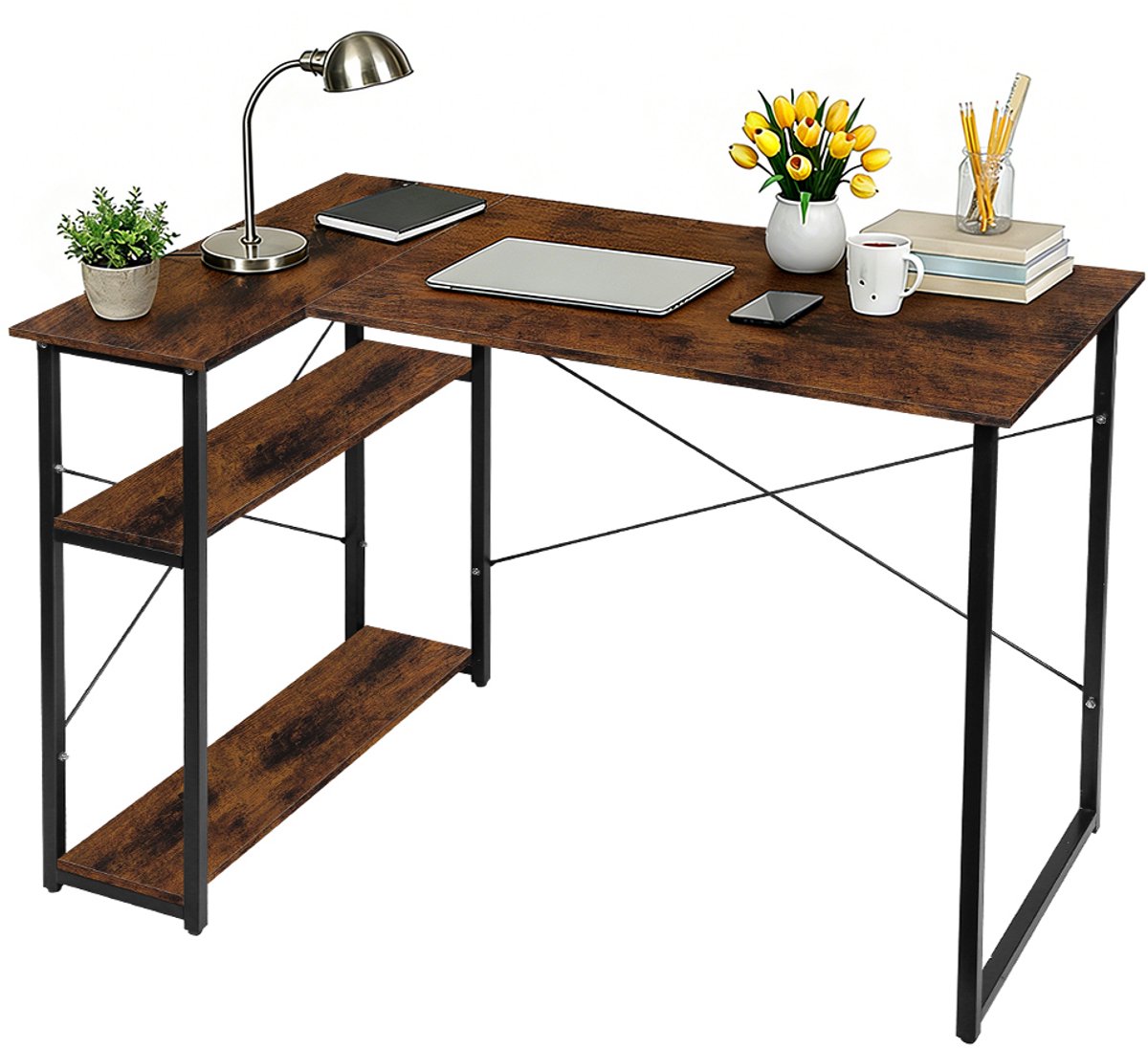 PIPIPOXER Bureau-Retro Schrijftafel - Computerbureau met 2 planken- Bureautafel van hout en metaal - Industrieel design - met opbergvak - 120 x 70 x 75 cm-Verbrande houtkleur