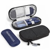 Zwart etui met blauwe icepack en twee blauwe injectiepennen.