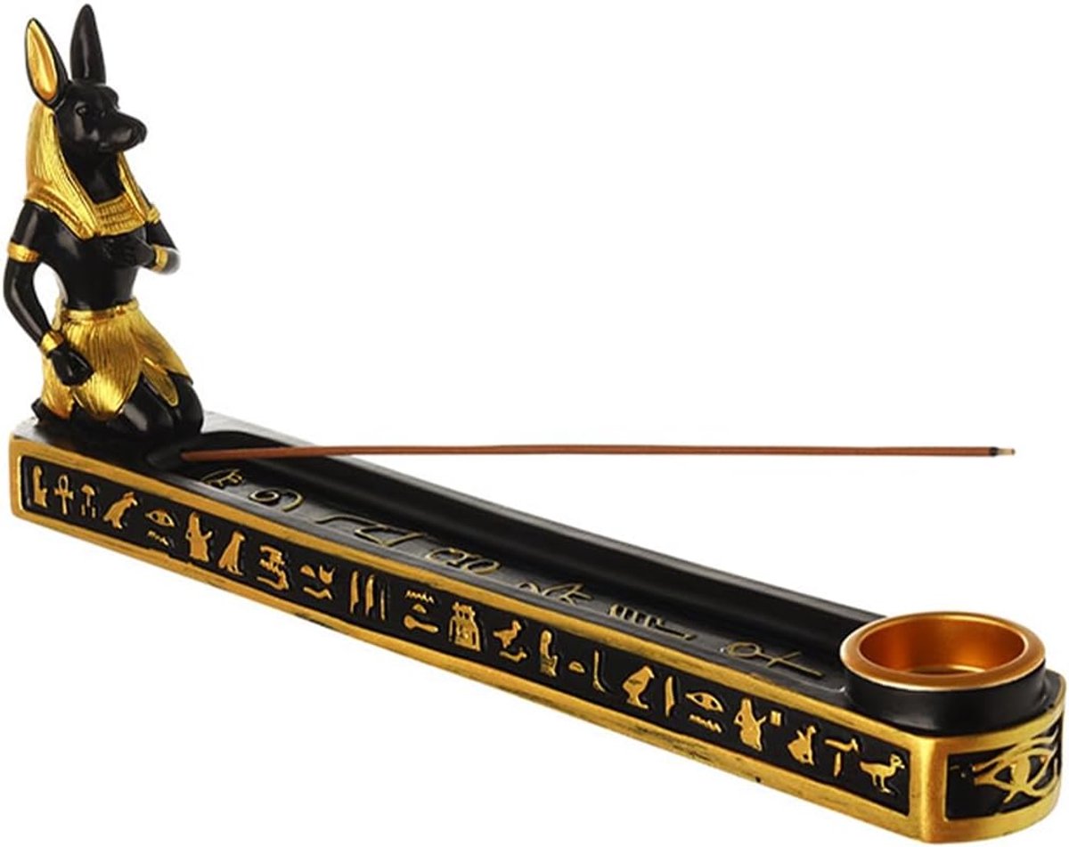 Egyptische hars wierookbrander ornament - decoratieve schaal - met hondengod sculptuur - voor theekamer en woondecoratie wierookhouder voor meditatie yoga en kantoor - zwart en goud