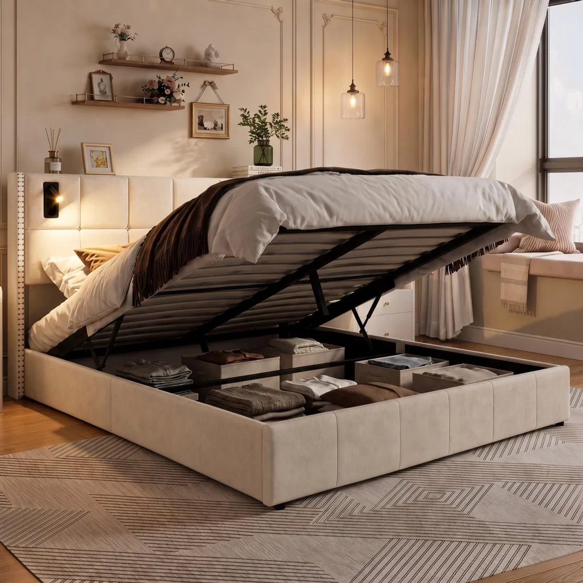 Gestoffeerd bed 160x200 cm met met leeslampje, Tweepersoonsbed met Opbergruimte en Lattenbodem, Opbergbed met hoofdbord, Jeugdbed, fluweel, Beige,Zonder Matras
