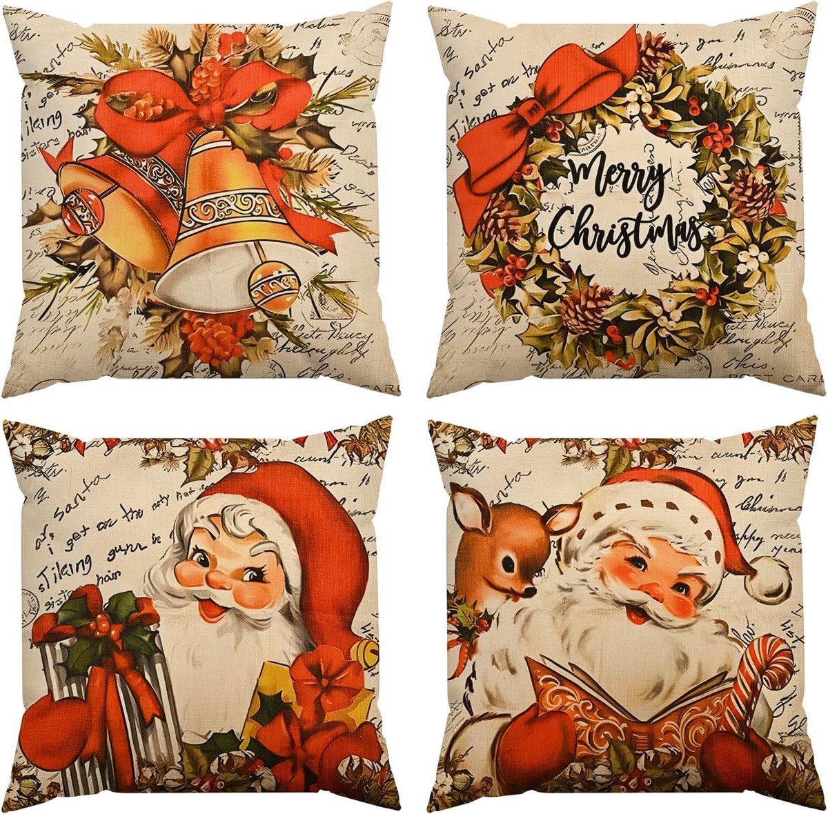 SnelShoppen - Kerst Kussenhoezen Set van 4 – 45 x 45 cm, Winterse Feestdecoratie, Vrolijke Kerst Motieven, Geschikt voor 45 x 45 cm of 50 x 50 cm Kuss