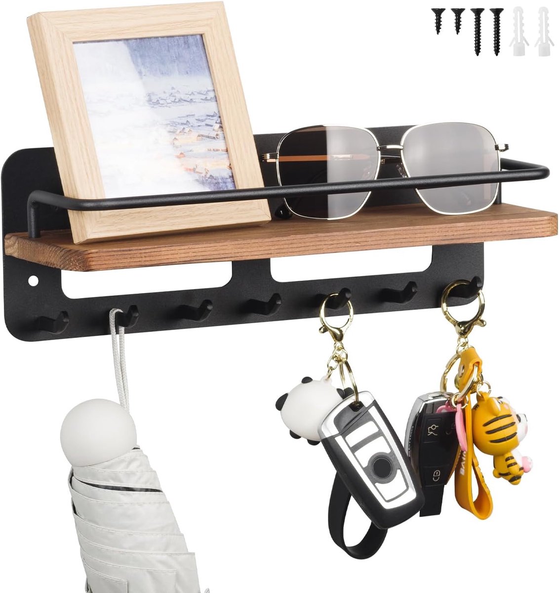 SnelShoppen - Houten Sleutelkast met Plank, Decoratieve Corridor Sleutelhouder, Wand Sleutelshelf met 7 Haken Houten Sleutelbord voor Entree Corridor