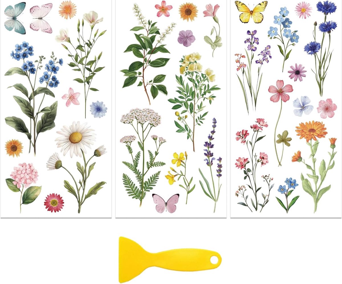 SnelShoppen - Set van 3 Vintage Enkele Bloem Transferstickers 15 x 30 cm Waterdicht voor Meubel Decoratie, Lades, Glas, Porselein, Hout, Plastic